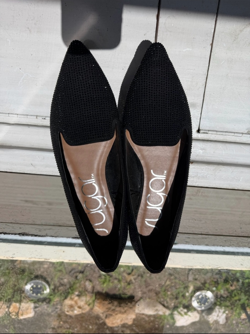 Sugar Black Pointed Toe Flats with Subtle Beading